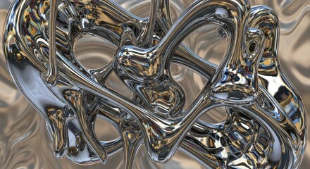 Abstract metallic sculpture features intricate interwoven shapes with highly reflective surfaces.