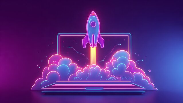 Rocket Popping Out of Laptop Screen, Startup Growth and Technology Concept, Neon Background