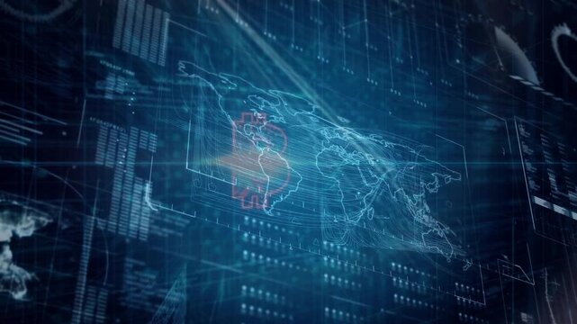 Hologram map and Bitcoin B forming from glow over South America, pulsing and showing global crypto
