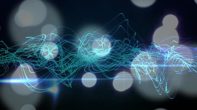 On sequence starting, multistrand cyan or teal waveform ribbon evolving and pulsing, showing data fl