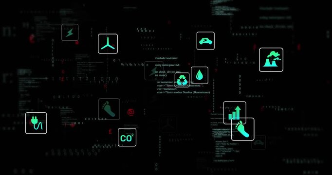 Blinking nodes initiating motion, teal icons drifting and pulsing, showing energy metrics over code