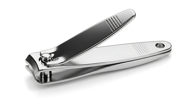 A silver nail clipper with a black handle