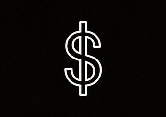 Obraz premium White dollar sign icon with black background. Simple, minimalist design, representing money, currency, finance, and business concepts. Isolated, monochrome line art for graphic resources.