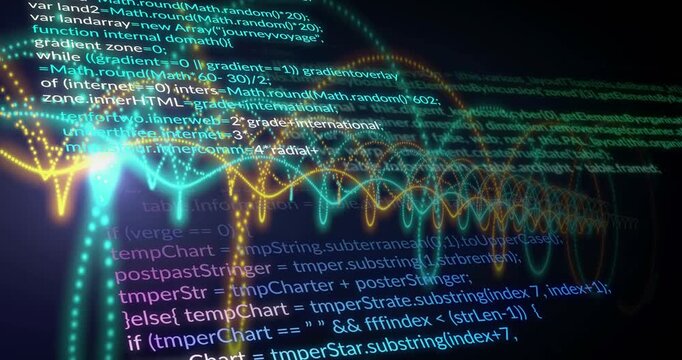 Particles coalescing nodes, forming teal amber waves, code lines scrolling, visualizing data flow