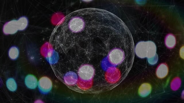 Bokeh discs drifting into frame, wireframe filament sphere rotating and glowing to reveal network