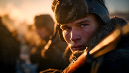 Obraz premium Russian Soldier Holding a Gun, Confident Armed Military Personnel Looking at Camera with Army Team in Background, Defense, Security, Warfare and Military Readiness Concept