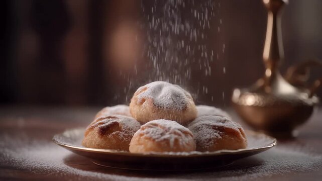 Macro video of bread rolls being dusted with powdered sugar on a decorative plate