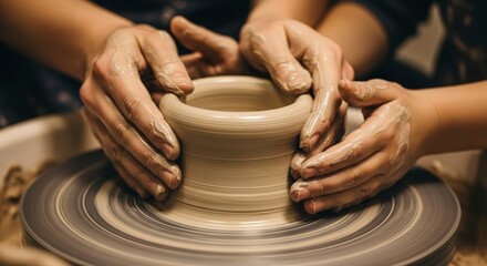 Potter shaping clay on pottery wheel.