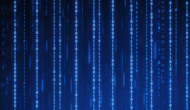 Abstract digital background with repeating binary code patterns in blue tones, representing technology, data, and computing concepts.