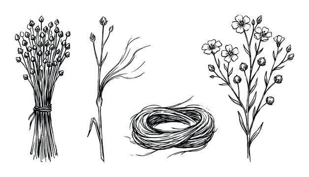 Hand drawn linen plant illustration with flowers and fiber nest isolated on white background vector graphic