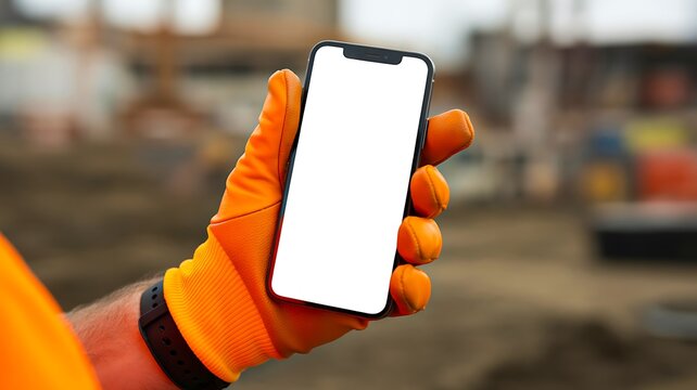 Construction worker holding smartphone with blank screen at building site closeup