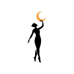Fototapeta premium crescent woman logo. Ideal for mystical and magical designs, depicting a woman in the night holding a crescent moon. Suitable for fantasy book covers.