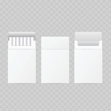 Realistic White Cigarette Pack Mockup Set. Vector Open and Closed Flip-Top Box Template with Cigarettes.
