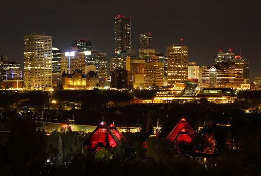 Night cityscape of Edmonton, Alberta, Canada, during the autumn season.