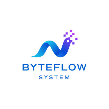Byteflow system logo features a blue pixelated design. Suitable for tech companies, software developers, and digital solutions seeking a modern brand identity.