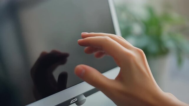 Hand touching sleek display screen