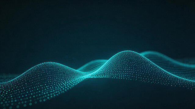 Abstract 3D particle wave visualization on a dark teal background. Represents data flow, technology, and futuristic digital art concepts with smooth, dynamic patterns.