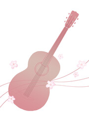 ピンク色のギターと花のイラスト