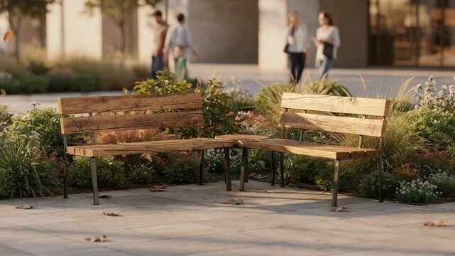 Outdoor family seating zone centered on rustic wooden benches with greenery and softfocus visitors in the background creating a peaceful entryway vibe.