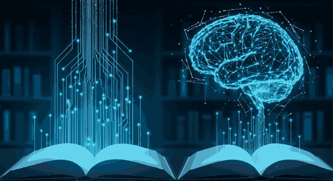 Digital brain emerging from open book with futuristic data streams and library background symbolizing artificial intelligence and knowledge