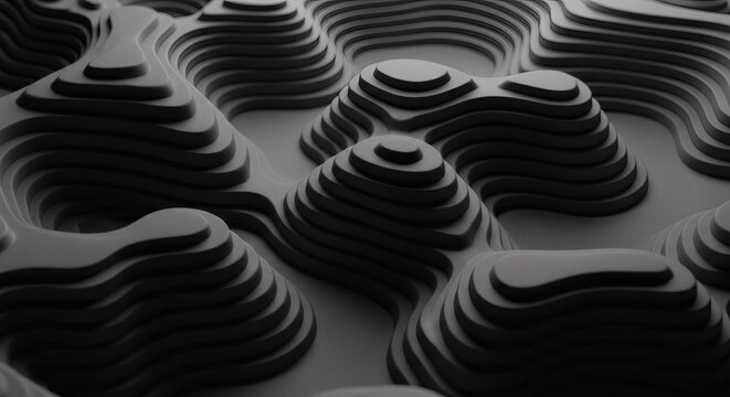 Minimalist dark mode background of smooth matte grey clay topographic ridges and valleys.