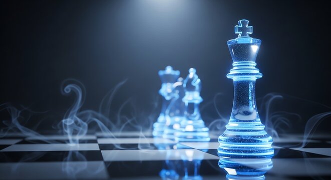 Blue chess pieces on chessboard