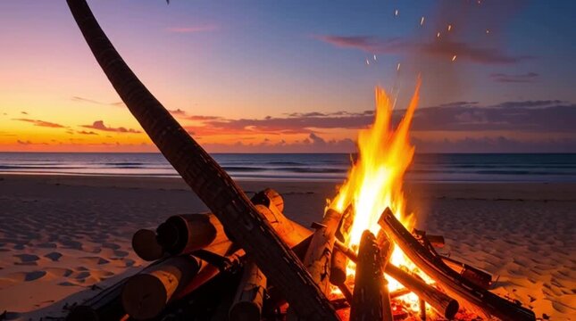 Calm burning campfire on sandy beach at sunset with palm trees, wide shot cinematic video bonfire beach loopable