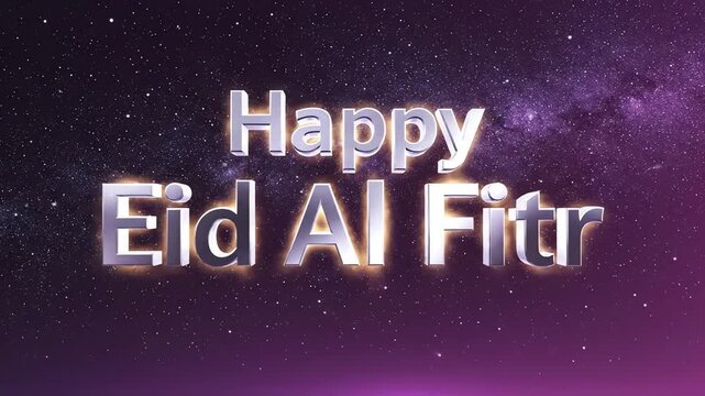 Animated 3D text "Happy Eid Al Fitr" glows against a cosmic starry night sky with purple nebula clouds, conveying a celebratory and spiritual message for Islamic holiday greetings and digital