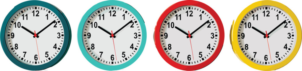 Colorful vector set of four round analog wall clocks in blue teal red and yellow for time management schedule planning and office interior design