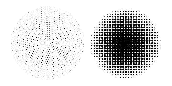 Halftone circle dotted frame circularly distributed set. Abstract dots logo emblem design element.