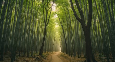 Fototapeta premium Tall, dense green stalks line a winding dirt path through a mysterious forest grove.