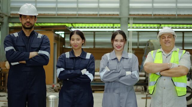 Diverse team of confident industrial factory workers standing together with crossed arms and smiling in warehouse. Professional engineering staff wearing safety PPE uniforms, helmets, and vests.