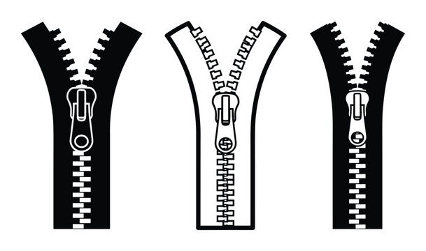 Three open zippers black and white vector graphic, clothing fastener design elements, fastener, apparel, fashion, stitch, tool