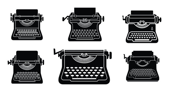 Typewriter silhouettes collection vector illustration isolated on white background. Antique typewriters icons and design elements.