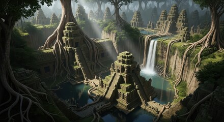 Obraz premium Ancient stone temples are enveloped by immense tree roots within a dense, misty jungle environment