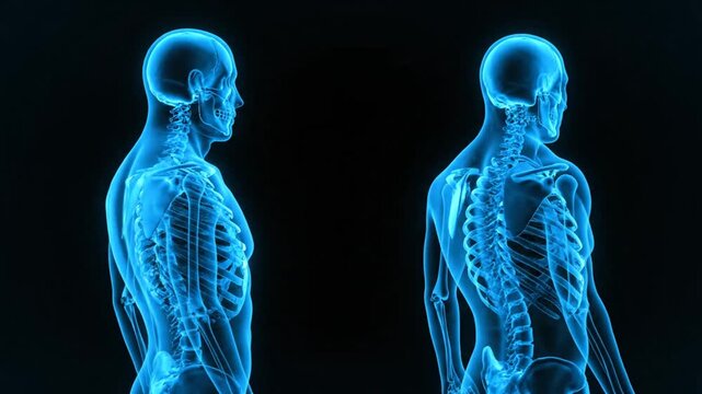 Two human skeletons in glowing blue X-ray style profile view on a dark background