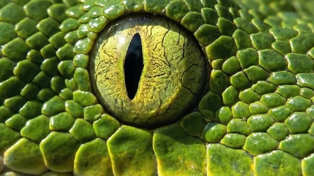 Extreme closeup of a vibrant green snake eye with a vertical slit pupil