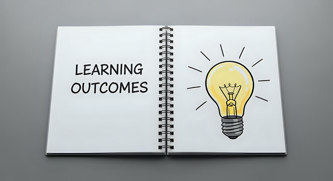 Open spiral notebook displays handwritten phrase learning outcomes beside a glowing sketched lightbulb representing educational ideas and goals
