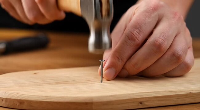 Close-up shot of a person's hands using a hammer to drive a nail into a wooden surface, demonstrating a DIY or crafting activity