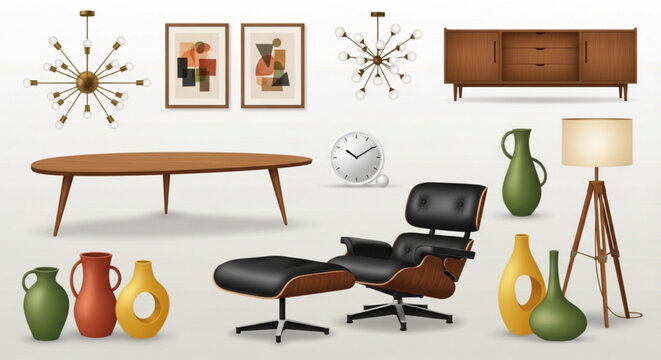 Mid century modern furniture and decor with colorful vases on a white background showcasing retro style