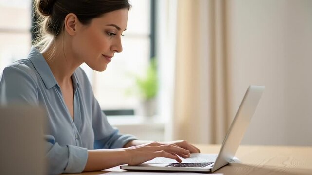 Woman Working on Laptop at Desk.