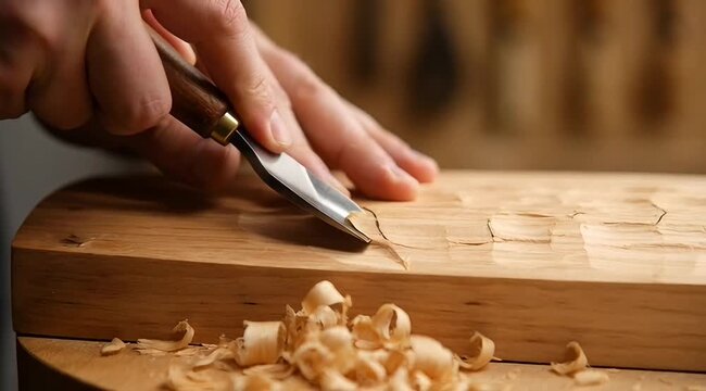 Close-up of artisan's hands meticulously carving intricate patterns into a piece of wood, showcasing traditional craftsmanship and the creative process of woodworking design