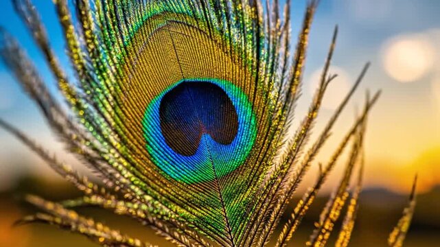 Vibrant close-up of a peacock feather with its eye pattern against a warm golden sky.