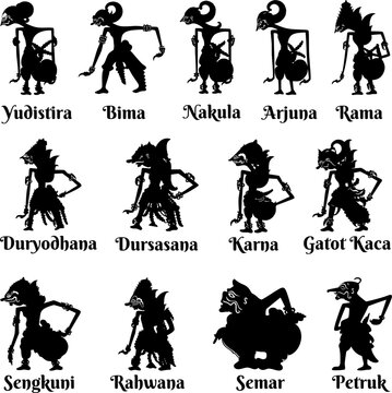 A collection of black silhouette icons representing traditional Indonesian shadow puppet characters