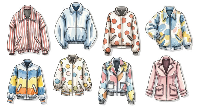 A collection of eight stylish bomber jackets with diverse patterns and colors, presented in a top-down view.