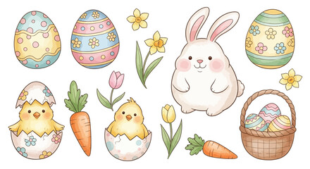 A charming collection of hand-drawn Easter illustrations featuring a fluffy bunny, adorable chicks hatching from eggs, colorful decorated Easter eggs, tulips, daffodils, and carrots.