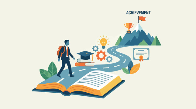 Man walking on a path of knowledge towards achievement.