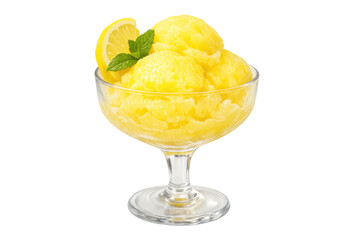 Lemon sorbet scoops in glass bowl with garnish