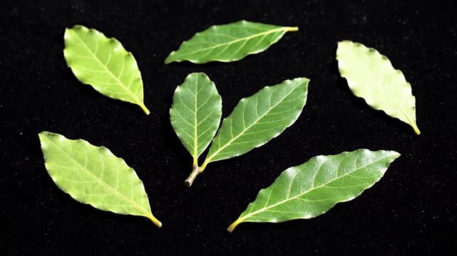 Fresh green bay laurel leaves on a dark background
