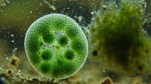Microscopic view of a green algae cell with chloroplasts.